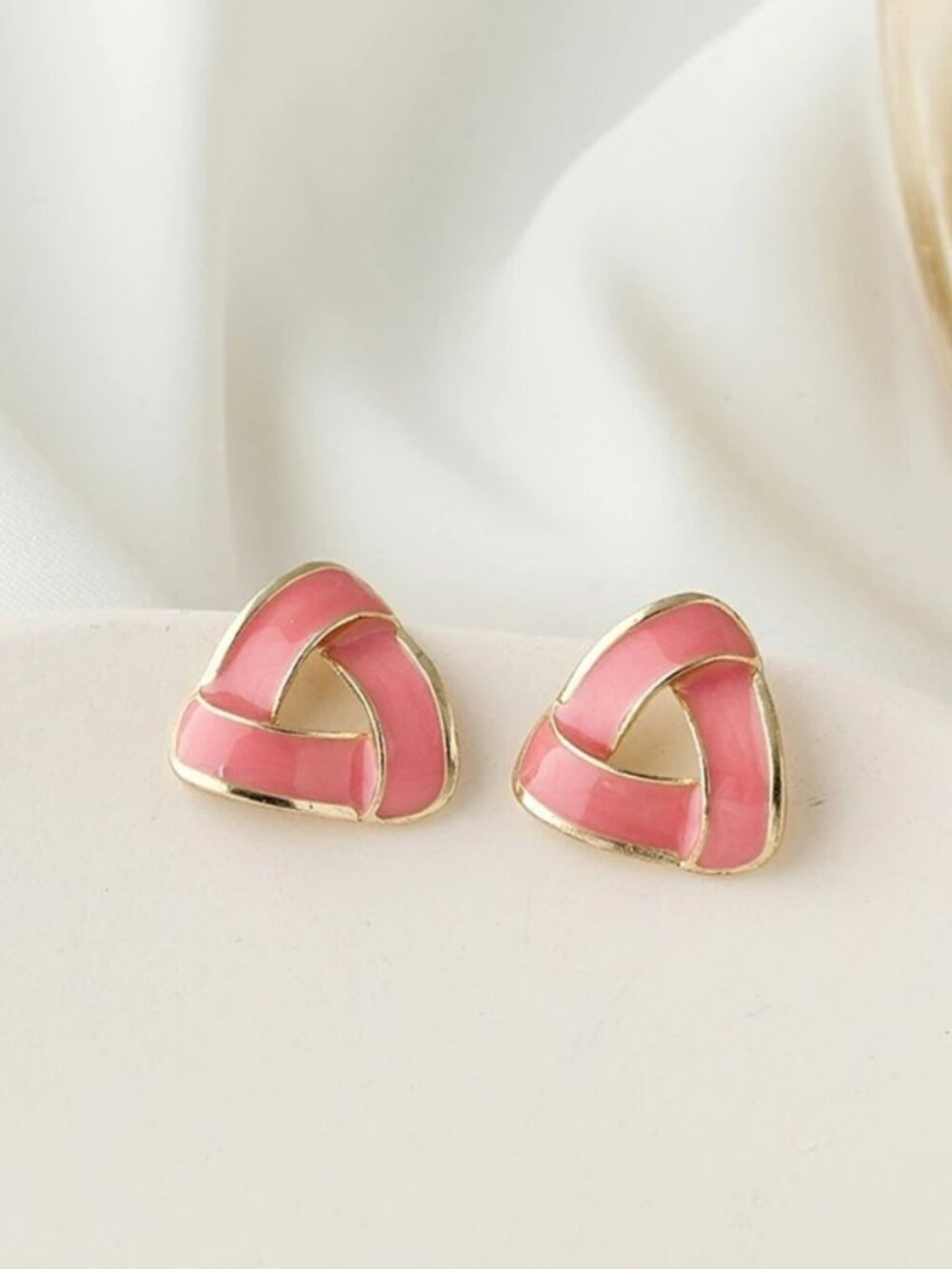 Aspen Artistic Sweet Pink Drip Spun Enamel Open Triangle Earrings Gift Packaged